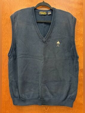 Brooks Brothers 90’s Cotton Navy V-Neck Sweater Vest Golden Fleece Logo Size XL